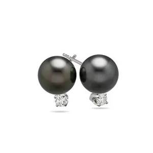 0.15 Cts Diamond & 8.0 mm Tahitian Cultured Pearl Earrings in 18K White Gold