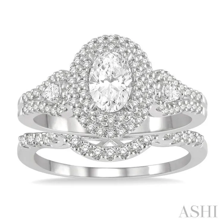 1 1/20 ctw Diamond Wedding Set With 7/8 ctw Twin Halo 3/8 ctw Oval Cut Center Stone, Engagement Ring and 1/6 ctw Curved Wedding Band in 14K White Gold