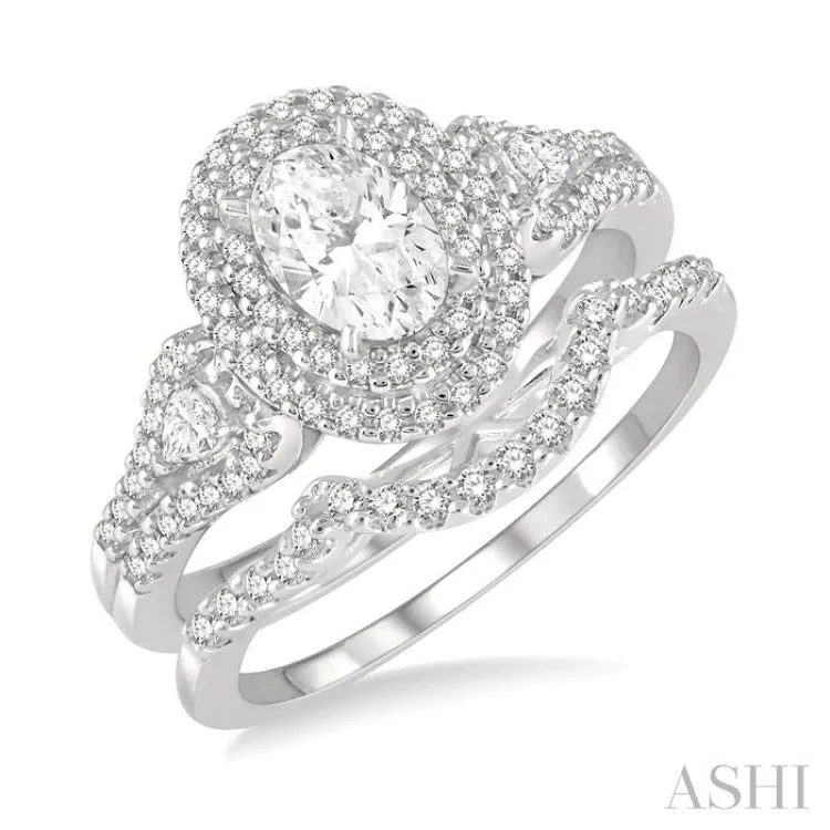 1 1/20 ctw Diamond Wedding Set With 7/8 ctw Twin Halo 3/8 ctw Oval Cut Center Stone, Engagement Ring and 1/6 ctw Curved Wedding Band in 14K White Gold