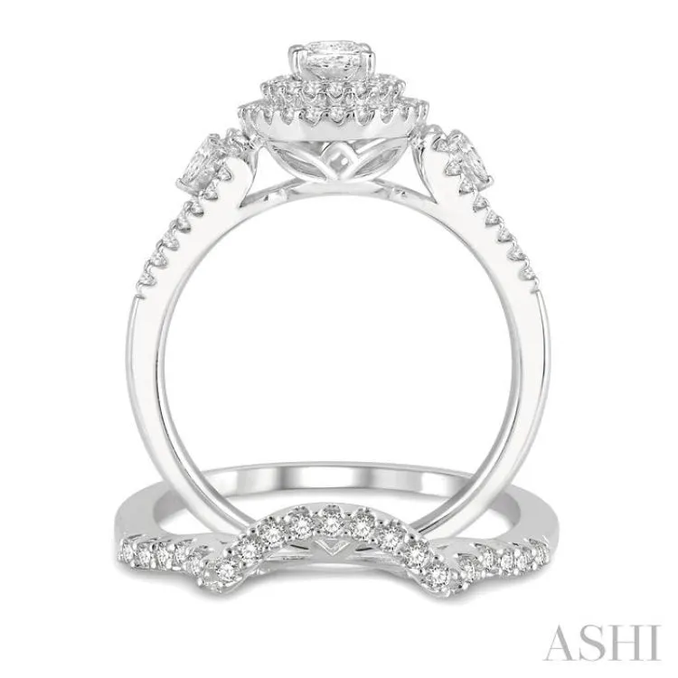 1 1/20 ctw Diamond Wedding Set With 7/8 ctw Twin Halo 3/8 ctw Oval Cut Center Stone, Engagement Ring and 1/6 ctw Curved Wedding Band in 14K White Gold