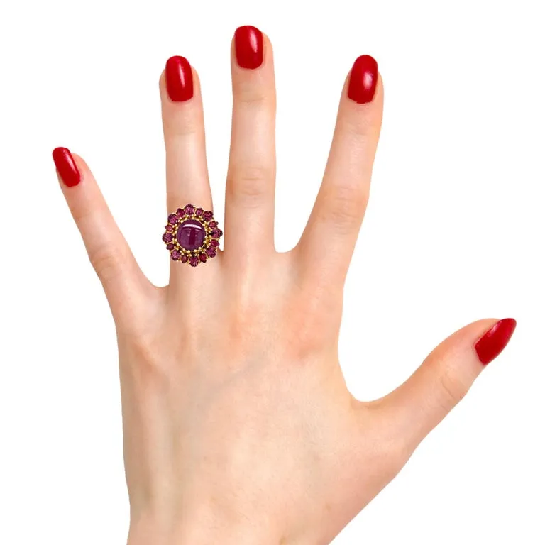 5.83 Carat Star Ruby and Rose Garnet Cocktail Ring in 18k Yellow Gold