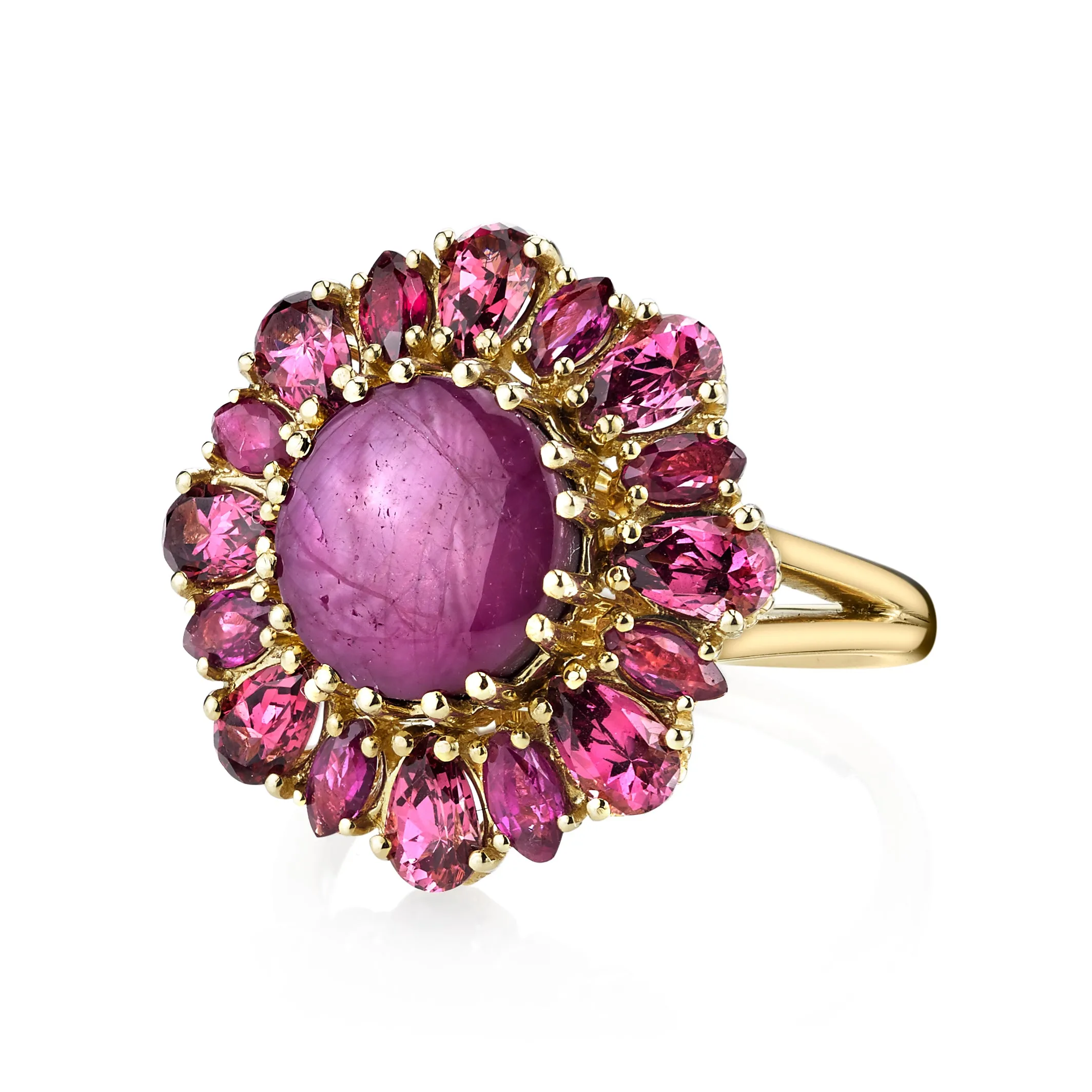 5.83 Carat Star Ruby and Rose Garnet Cocktail Ring in 18k Yellow Gold