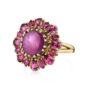 5.83 Carat Star Ruby and Rose Garnet Cocktail Ring in 18k Yellow Gold
