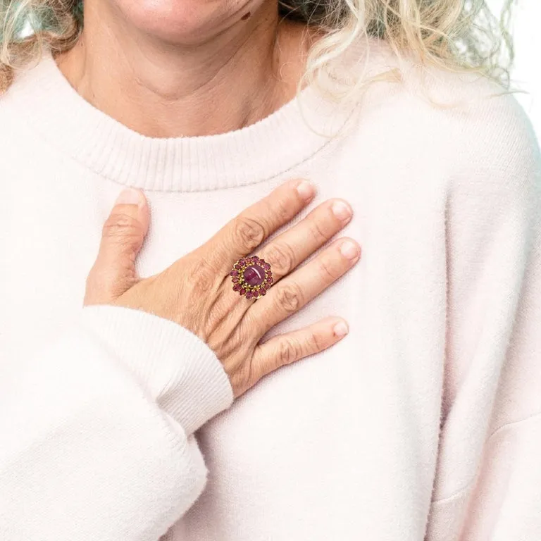 5.83 Carat Star Ruby and Rose Garnet Cocktail Ring in 18k Yellow Gold