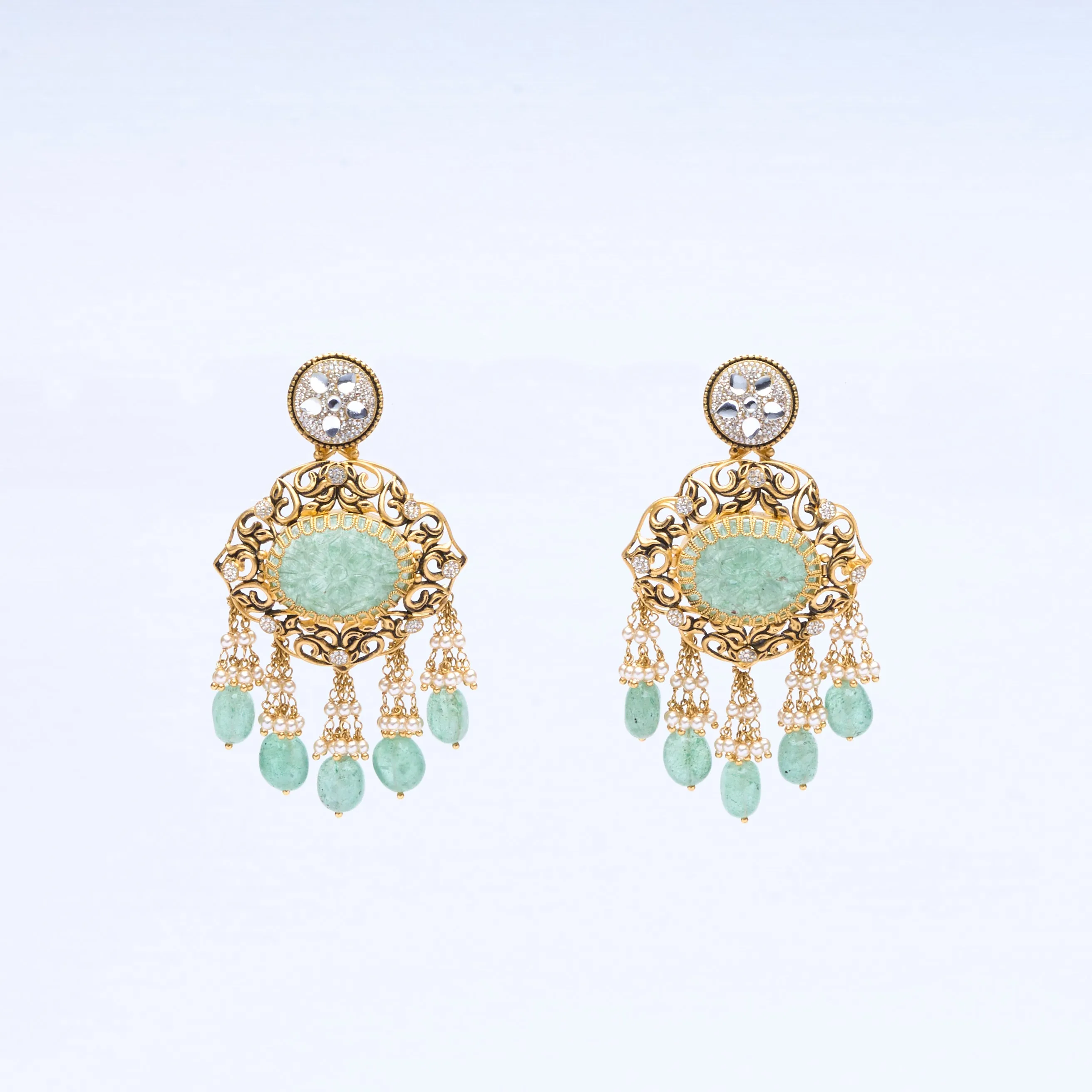 Carved Jade Pearl Chandelier Earrings - Antique Collection