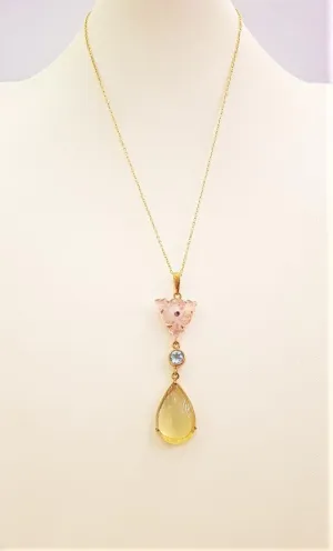 Carved Rose Quartz with Blue Topaz and Lemon Quartz Terra Firma Pendant