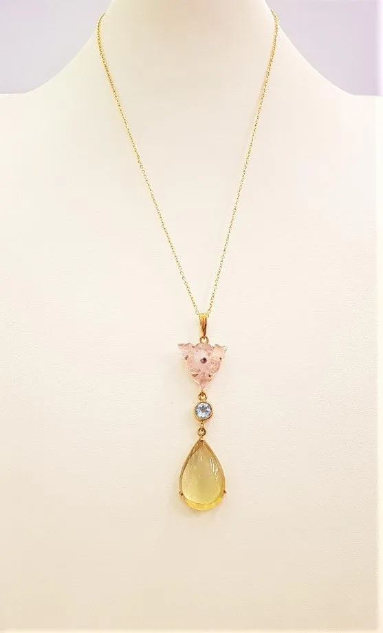 Carved Rose Quartz with Blue Topaz and Lemon Quartz Terra Firma Pendant