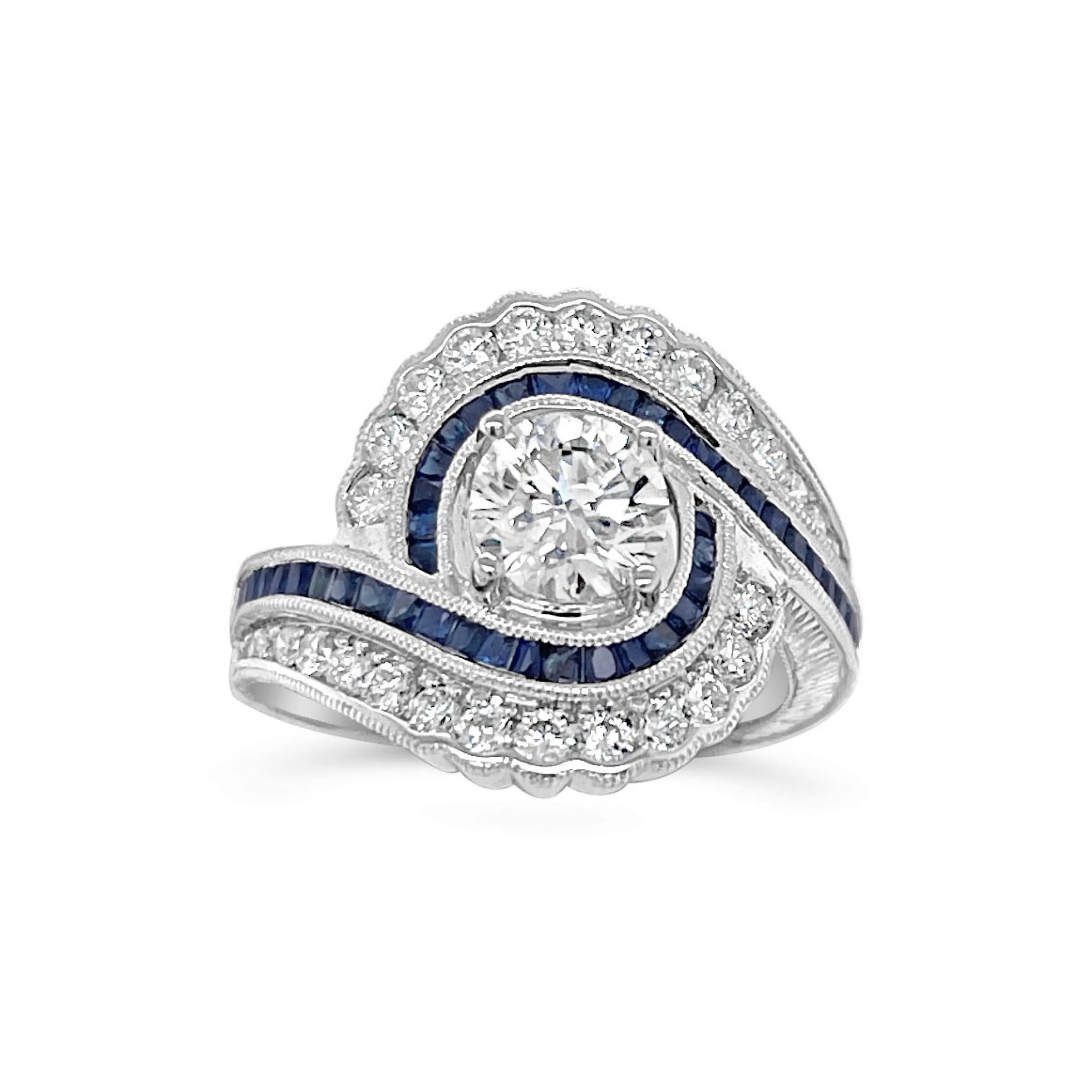 Diamond   Sapphire Scalloped Halo Bypass Ring