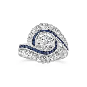 Diamond   Sapphire Scalloped Halo Bypass Ring