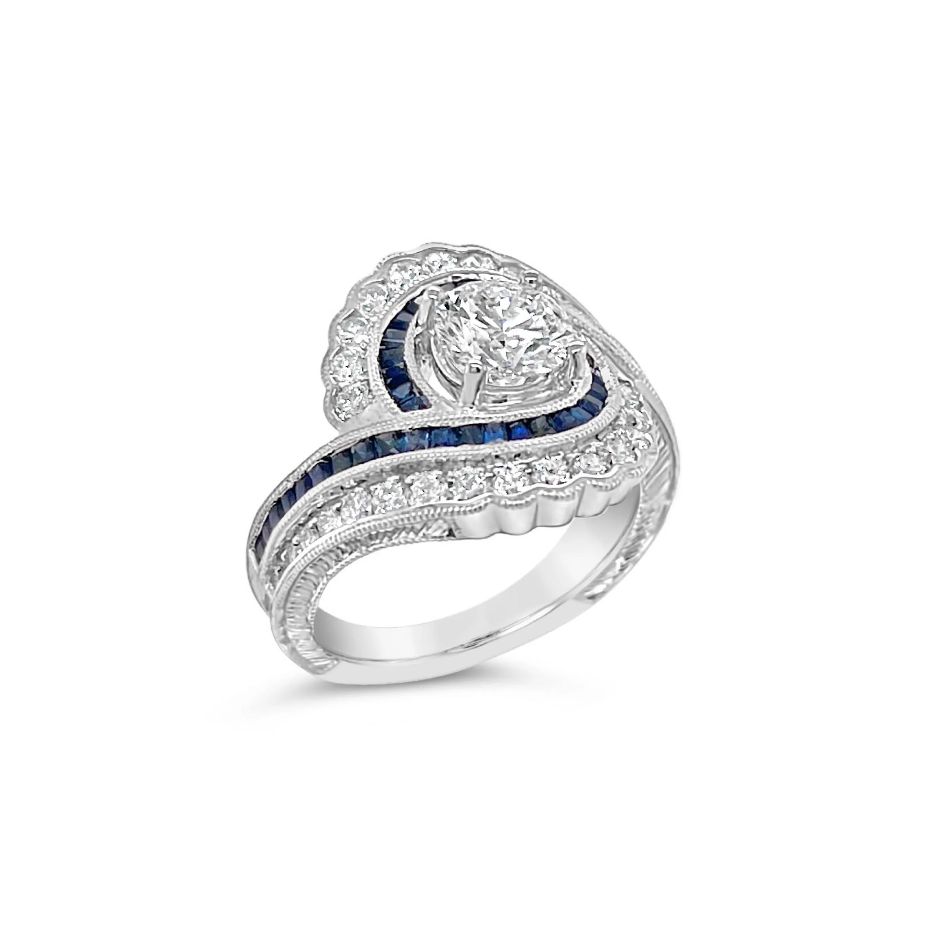 Diamond   Sapphire Scalloped Halo Bypass Ring