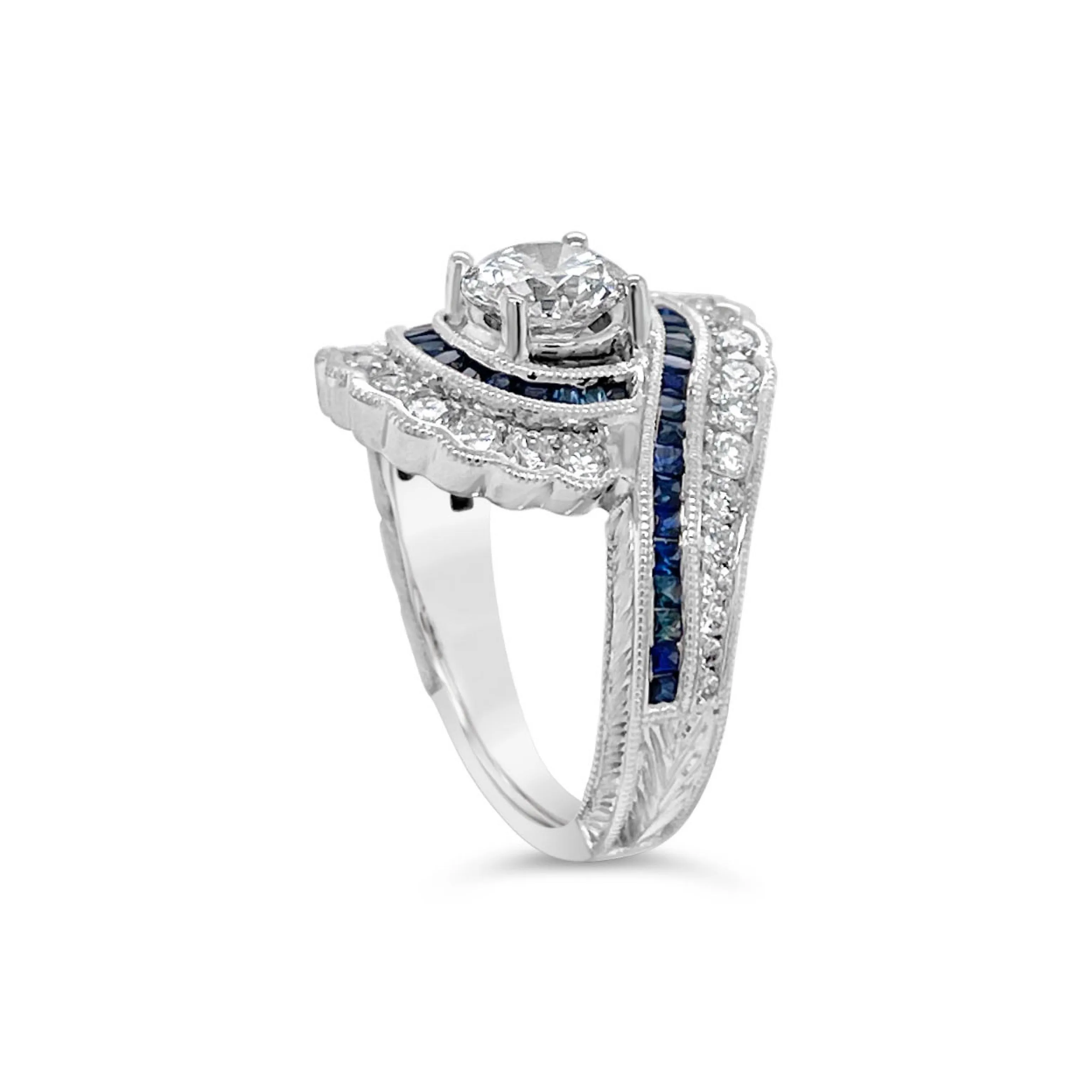 Diamond   Sapphire Scalloped Halo Bypass Ring