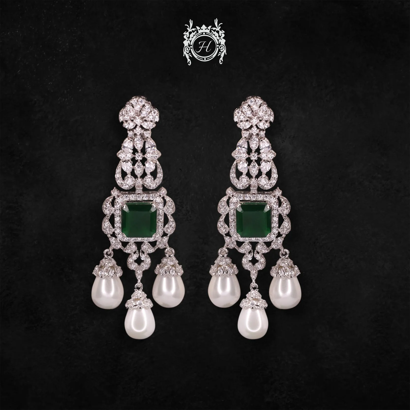 Earrings in Jade, Pearls and Zircons