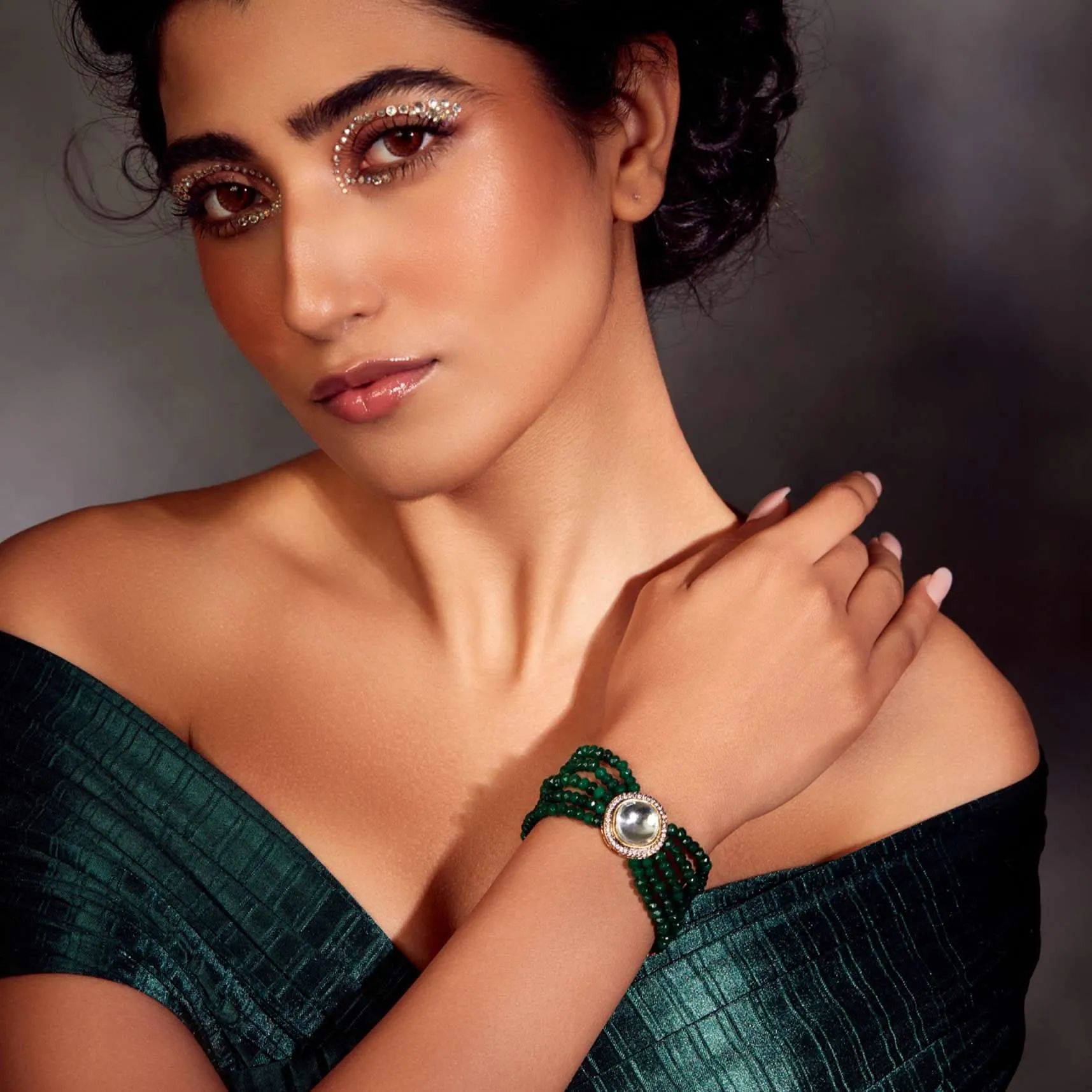 Gold Plated Polki Bracelet With Deep Green Onyx Stones