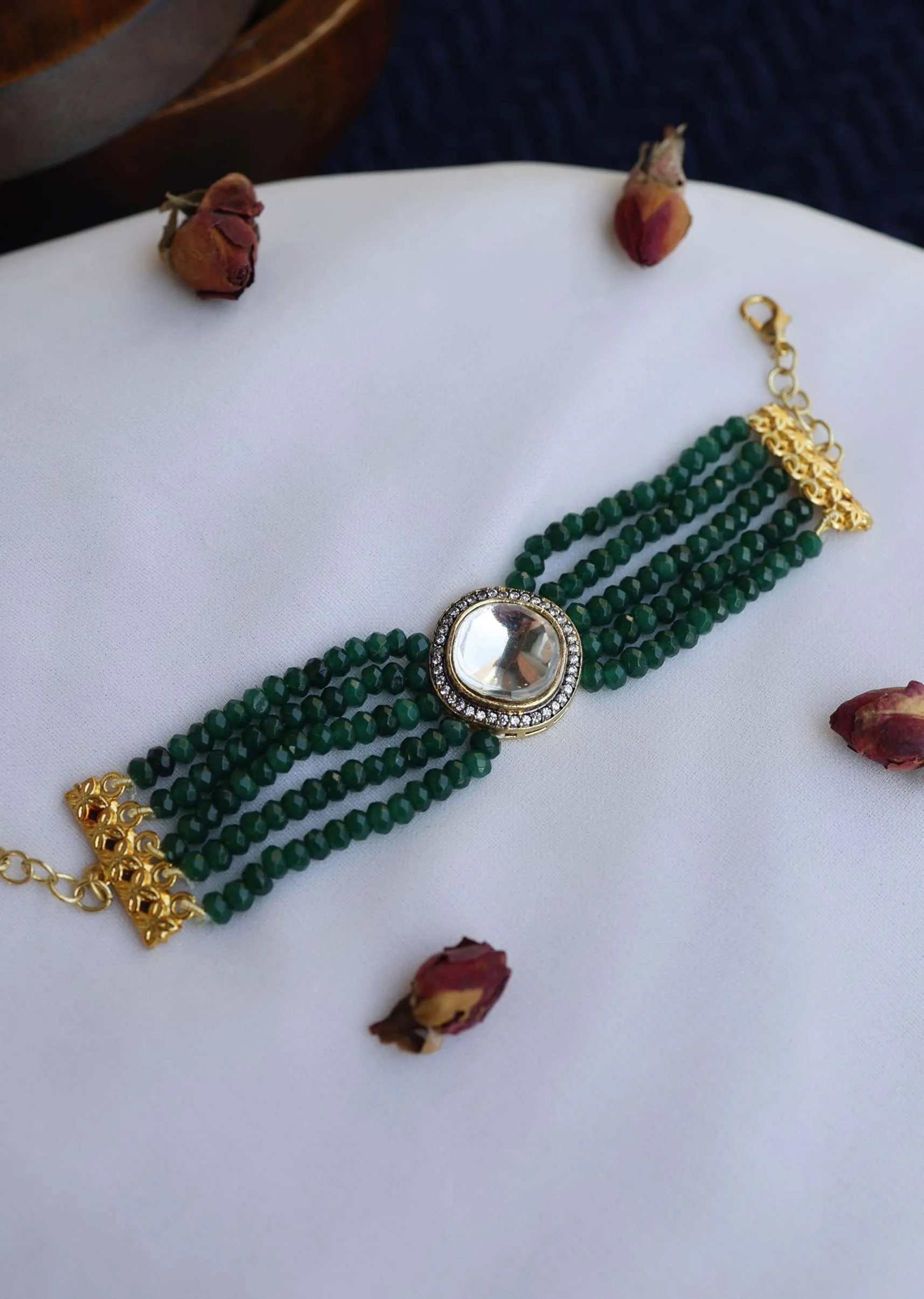 Gold Plated Polki Bracelet With Deep Green Onyx Stones