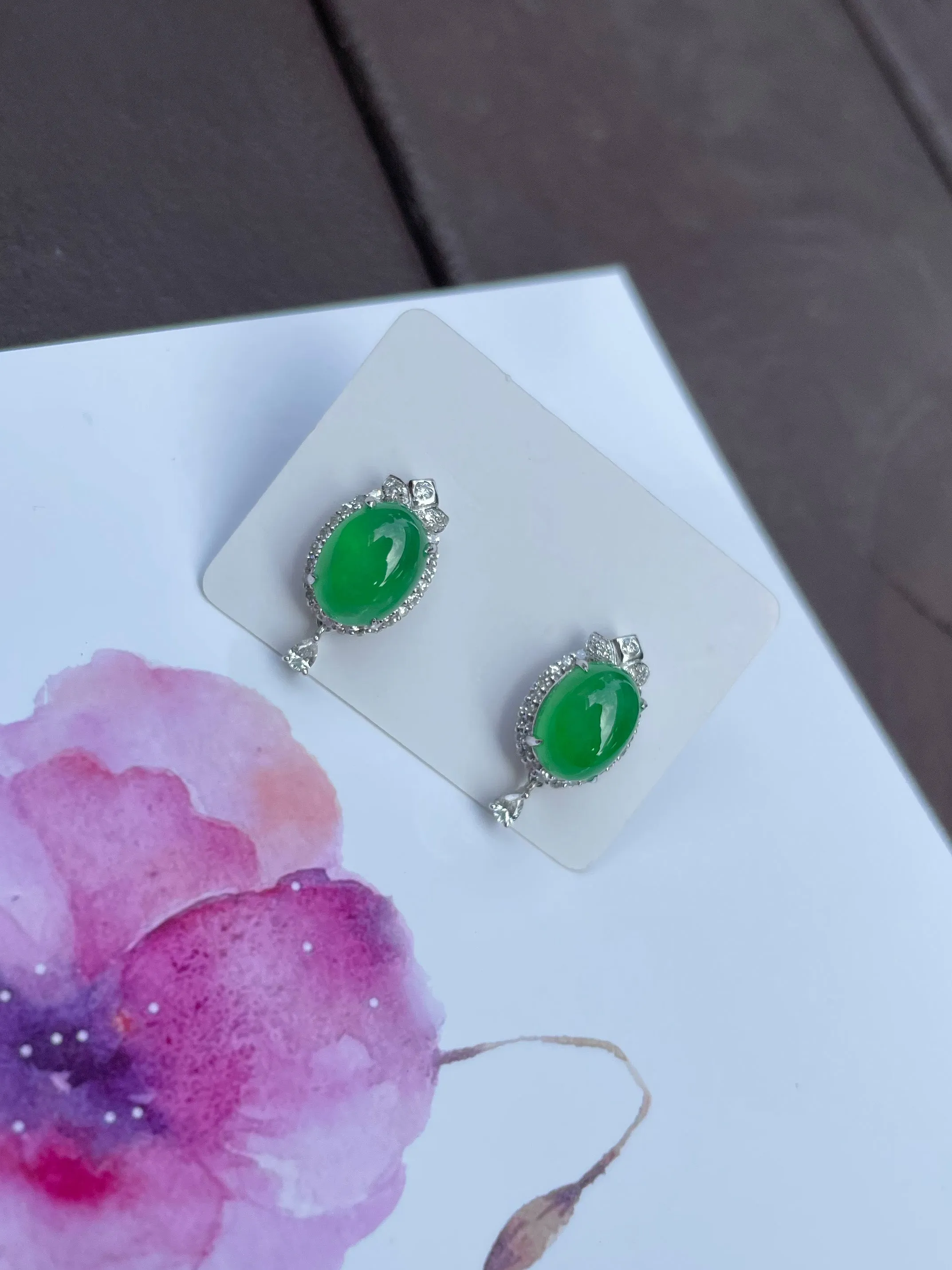 Icy Green Jadeite Cabochon Earrings (NJE023)