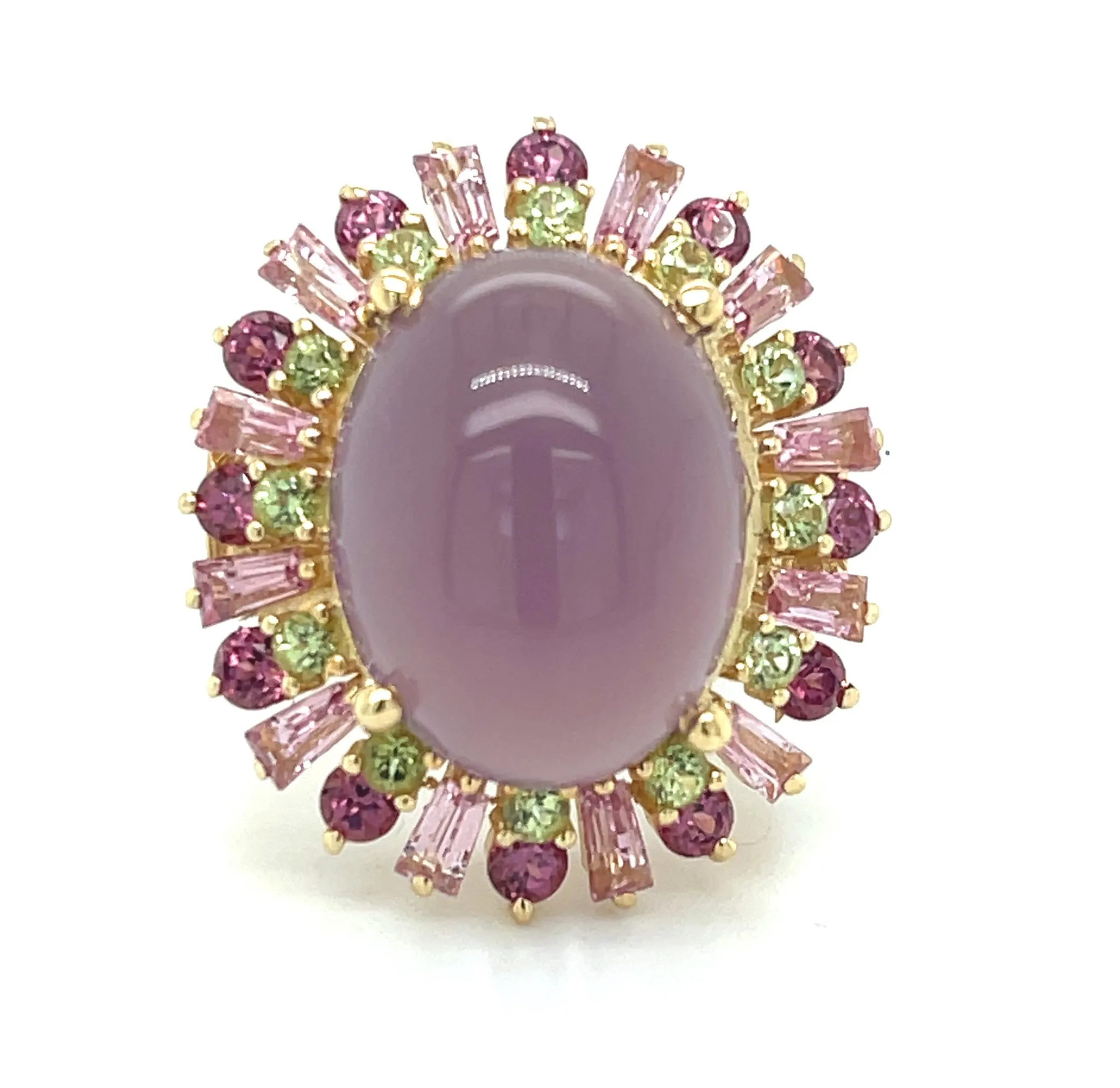 Lavender Chalcedony, Tourmaline, Garnet, Peridot Yellow Gold Cocktail Ring