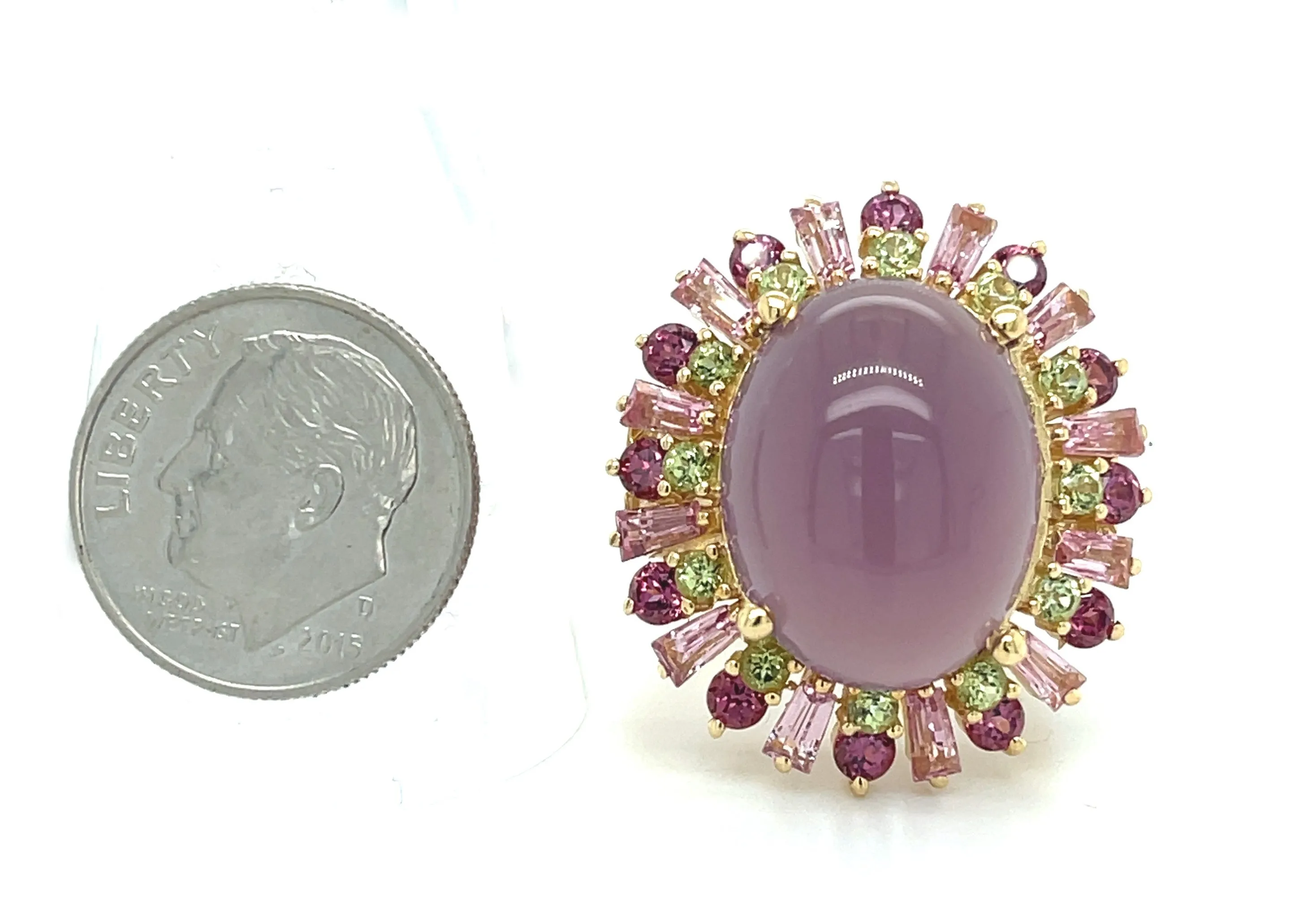 Lavender Chalcedony, Tourmaline, Garnet, Peridot Yellow Gold Cocktail Ring