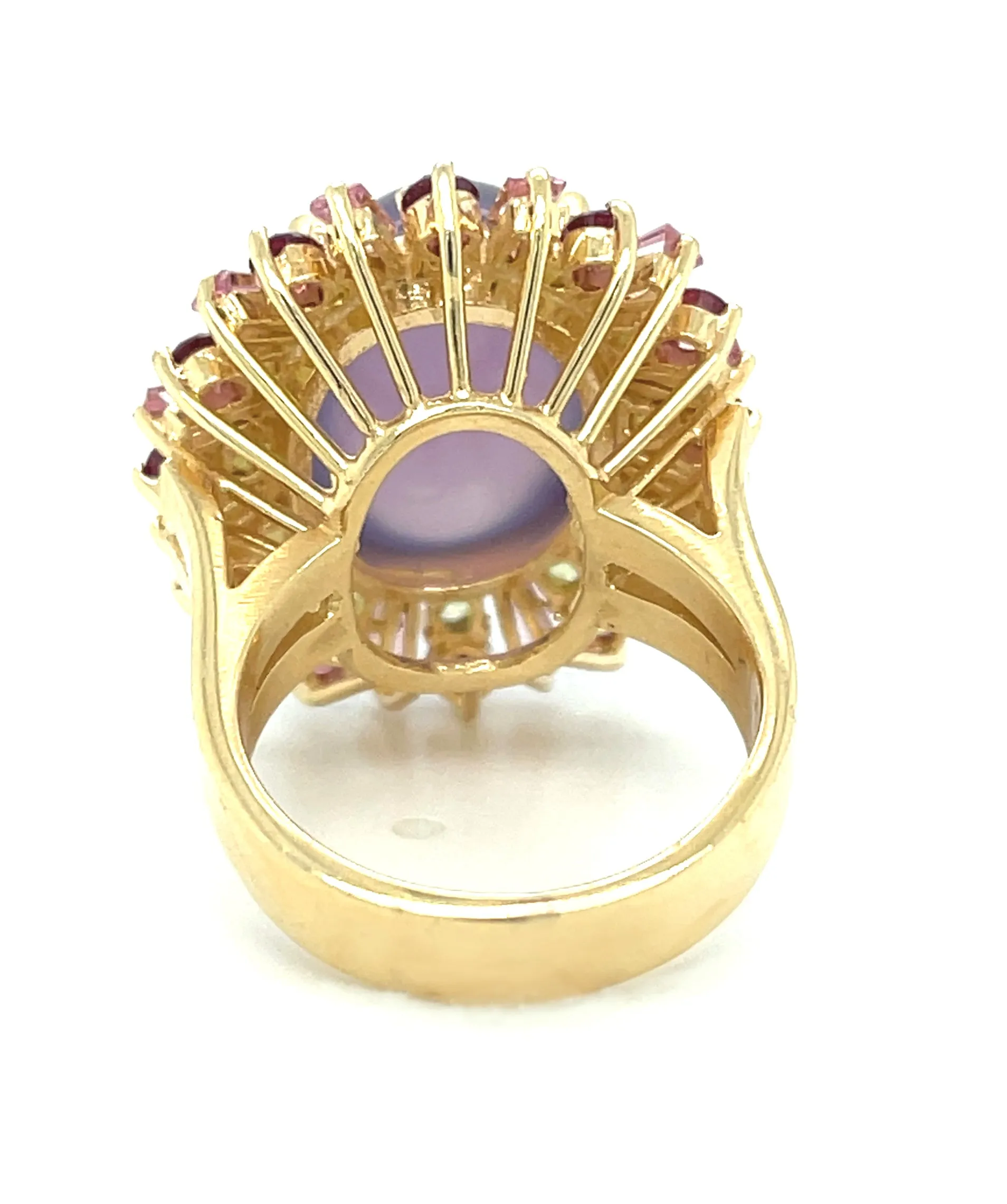 Lavender Chalcedony, Tourmaline, Garnet, Peridot Yellow Gold Cocktail Ring