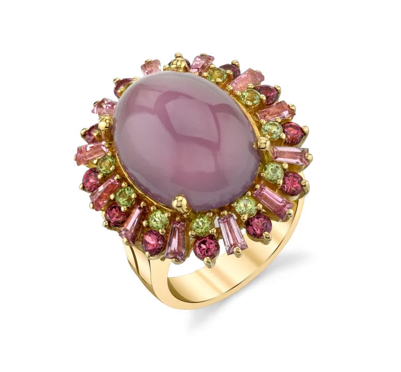 Lavender Chalcedony, Tourmaline, Garnet, Peridot Yellow Gold Cocktail Ring