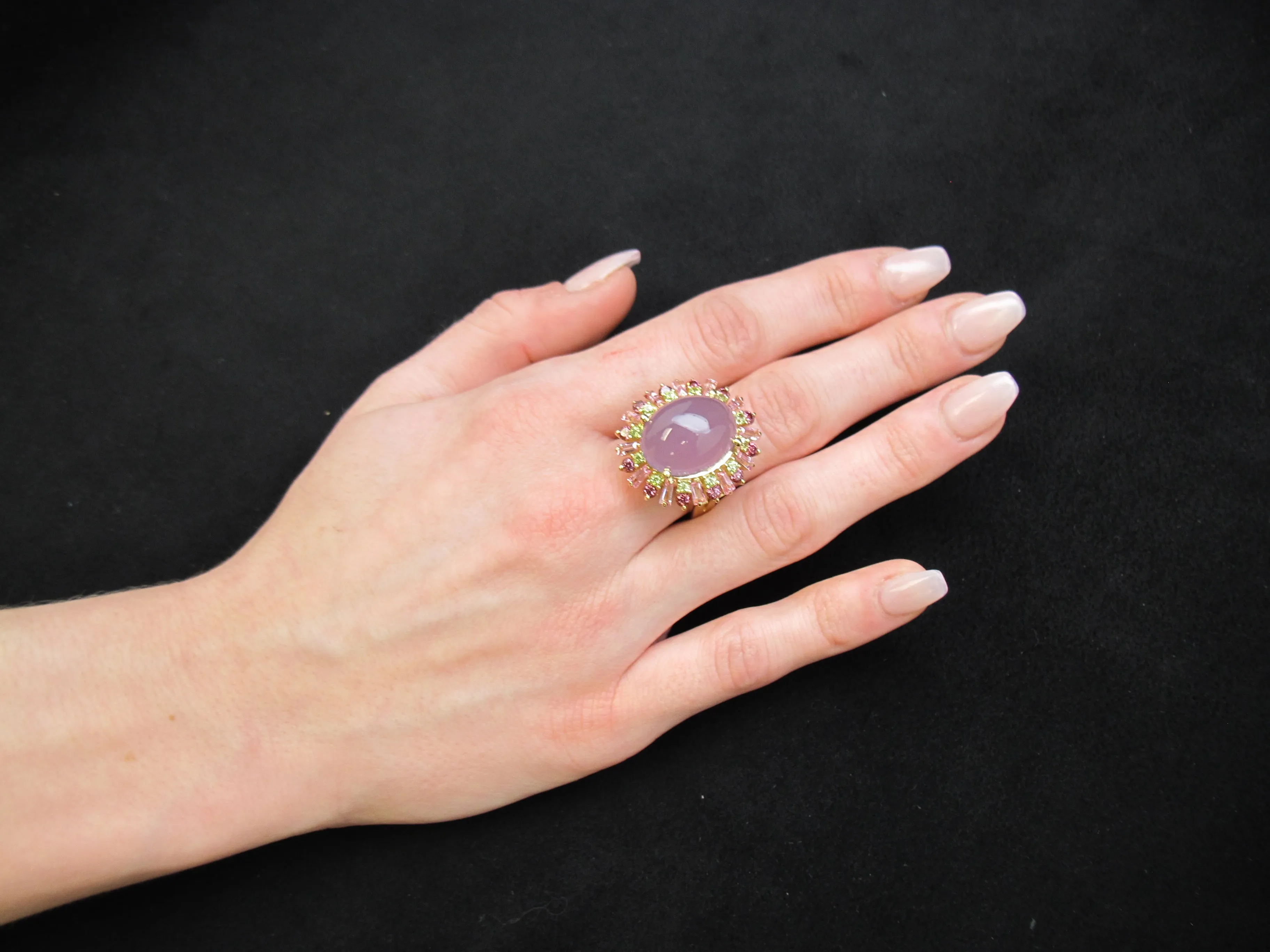 Lavender Chalcedony, Tourmaline, Garnet, Peridot Yellow Gold Cocktail Ring