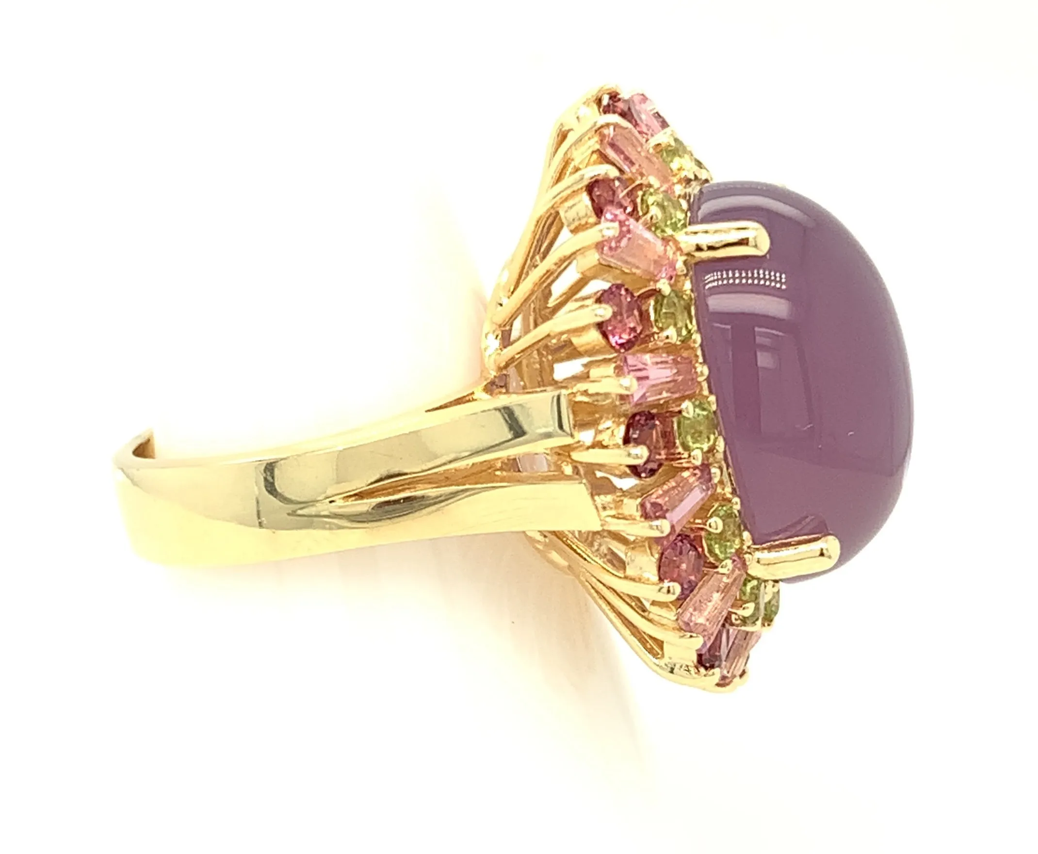 Lavender Chalcedony, Tourmaline, Garnet, Peridot Yellow Gold Cocktail Ring
