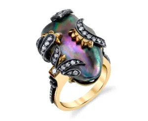 Natural Abalone Pearl and Diamond Yellow and White Gold Cocktail Ring, 16.60 Cts