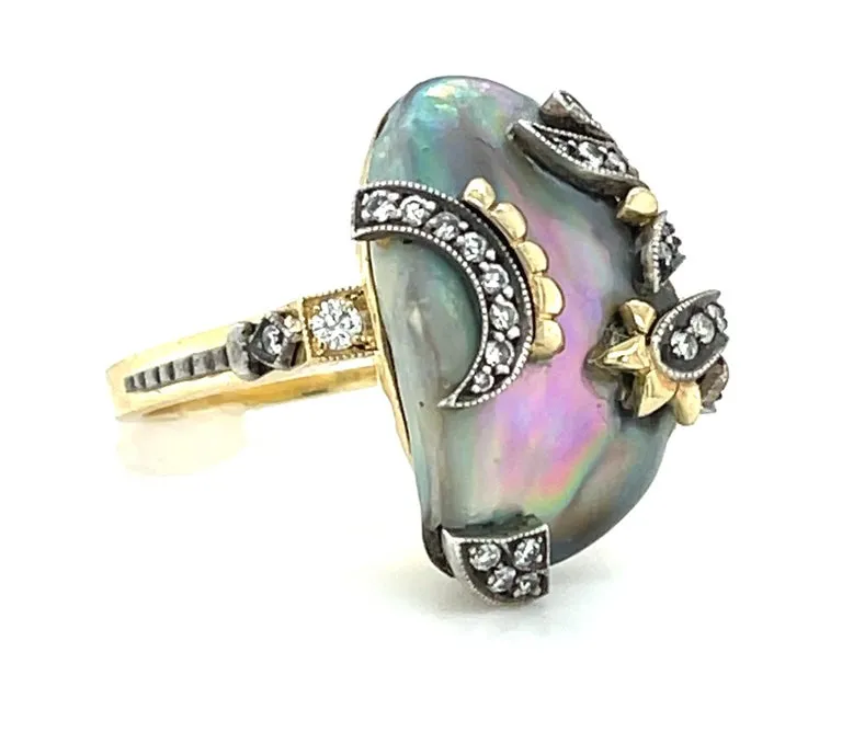 Natural Abalone Pearl and Diamond Yellow and White Gold Cocktail Ring, 16.60 Cts