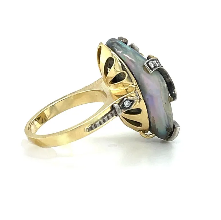 Natural Abalone Pearl and Diamond Yellow and White Gold Cocktail Ring, 16.60 Cts