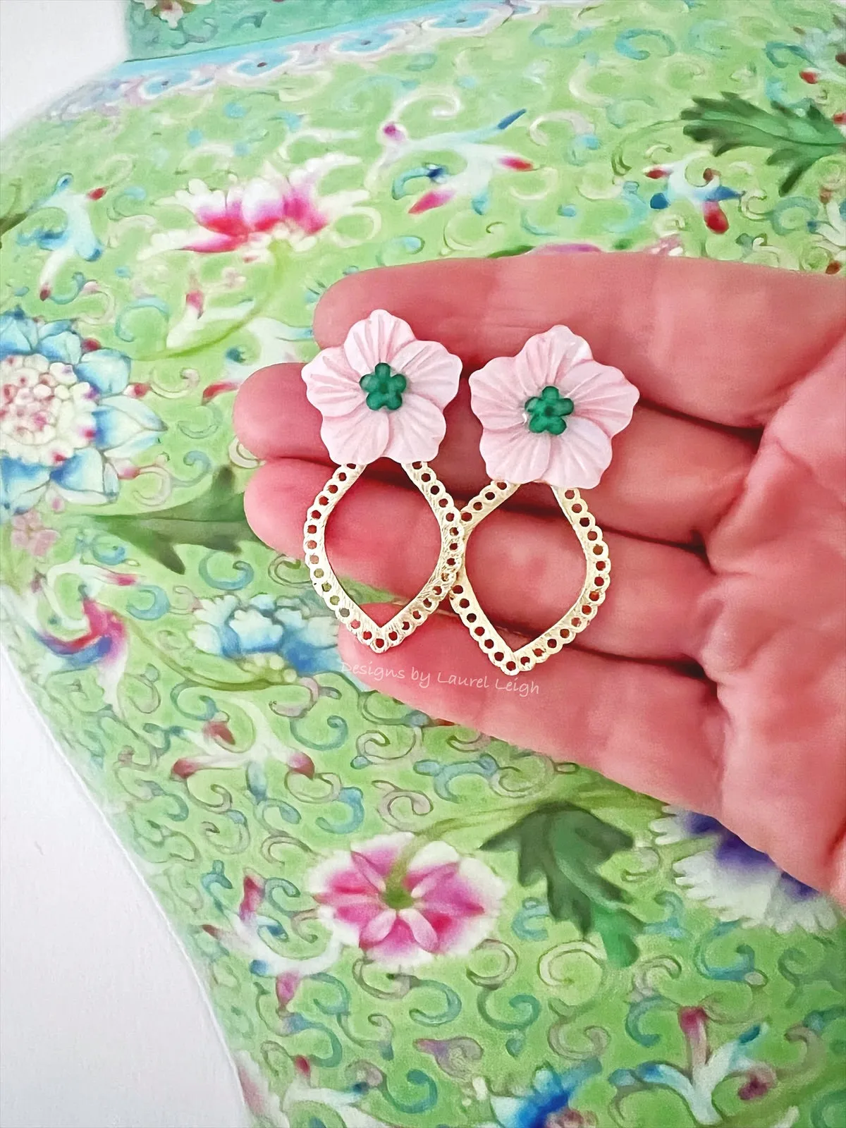 Pink & Green Scalloped Floral Pearl Earrings