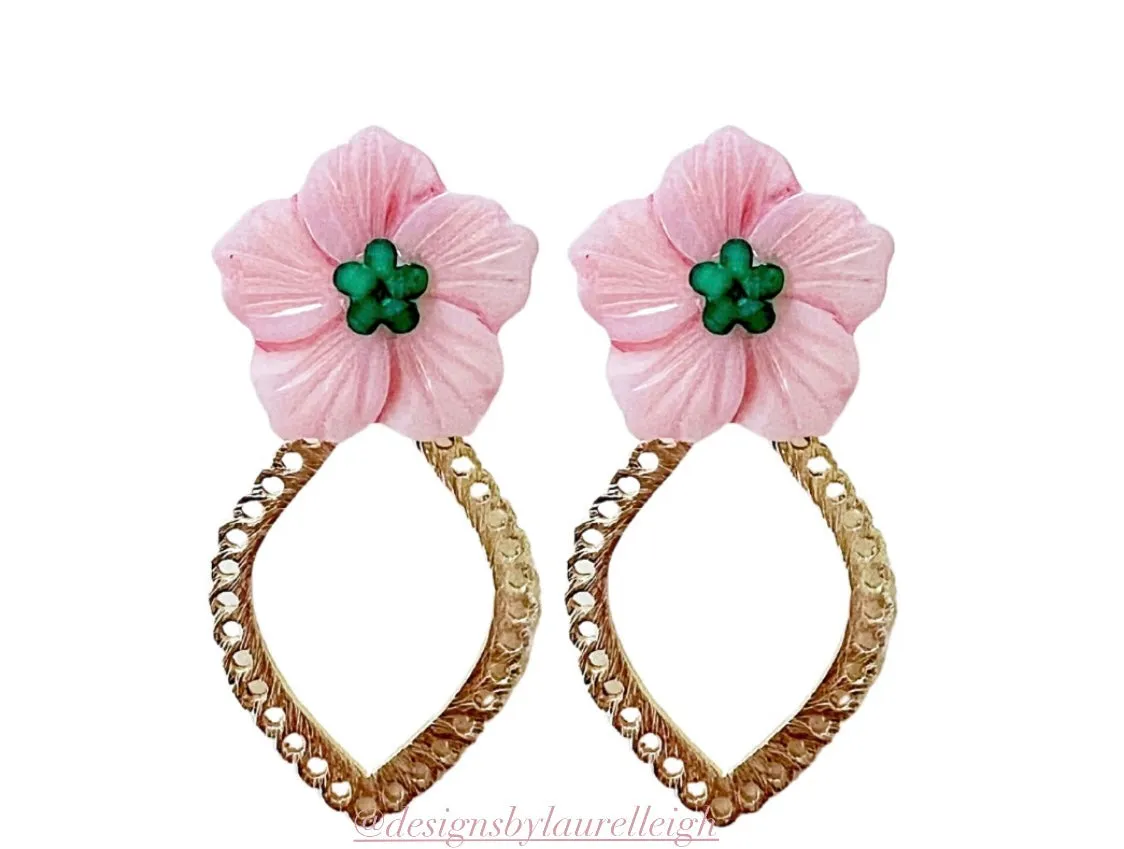 Pink & Green Scalloped Floral Pearl Earrings