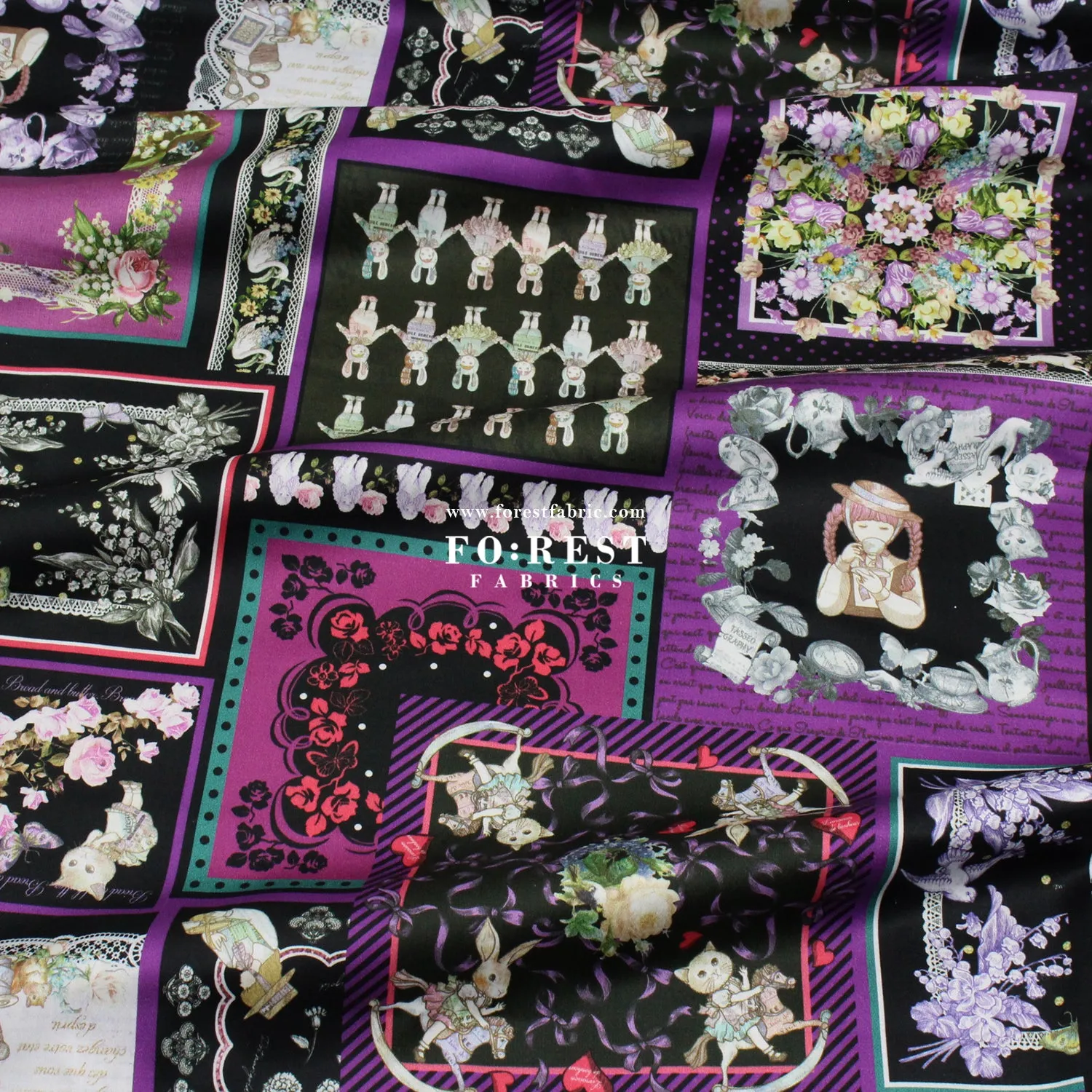 Satin Super Cotton - JoliFleur Itoi patchwork fabric BlackPurple