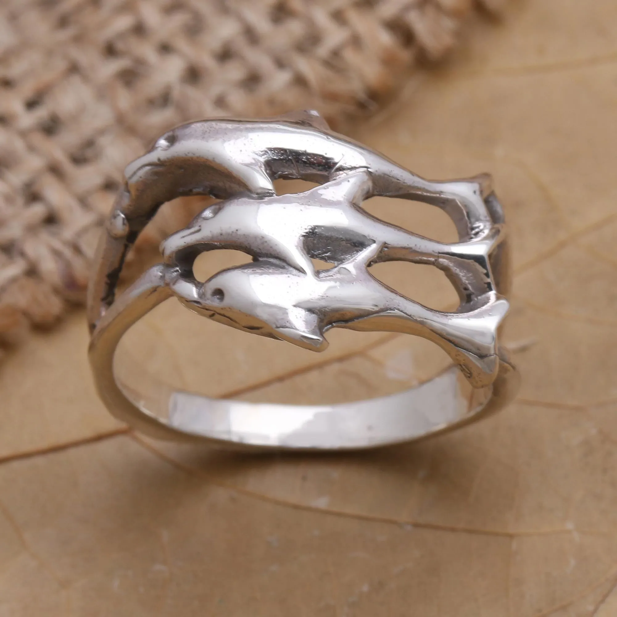 Sterling Silver Dolphin-Themed Cocktail Ring - Synchronized Swimmers | NOVICA