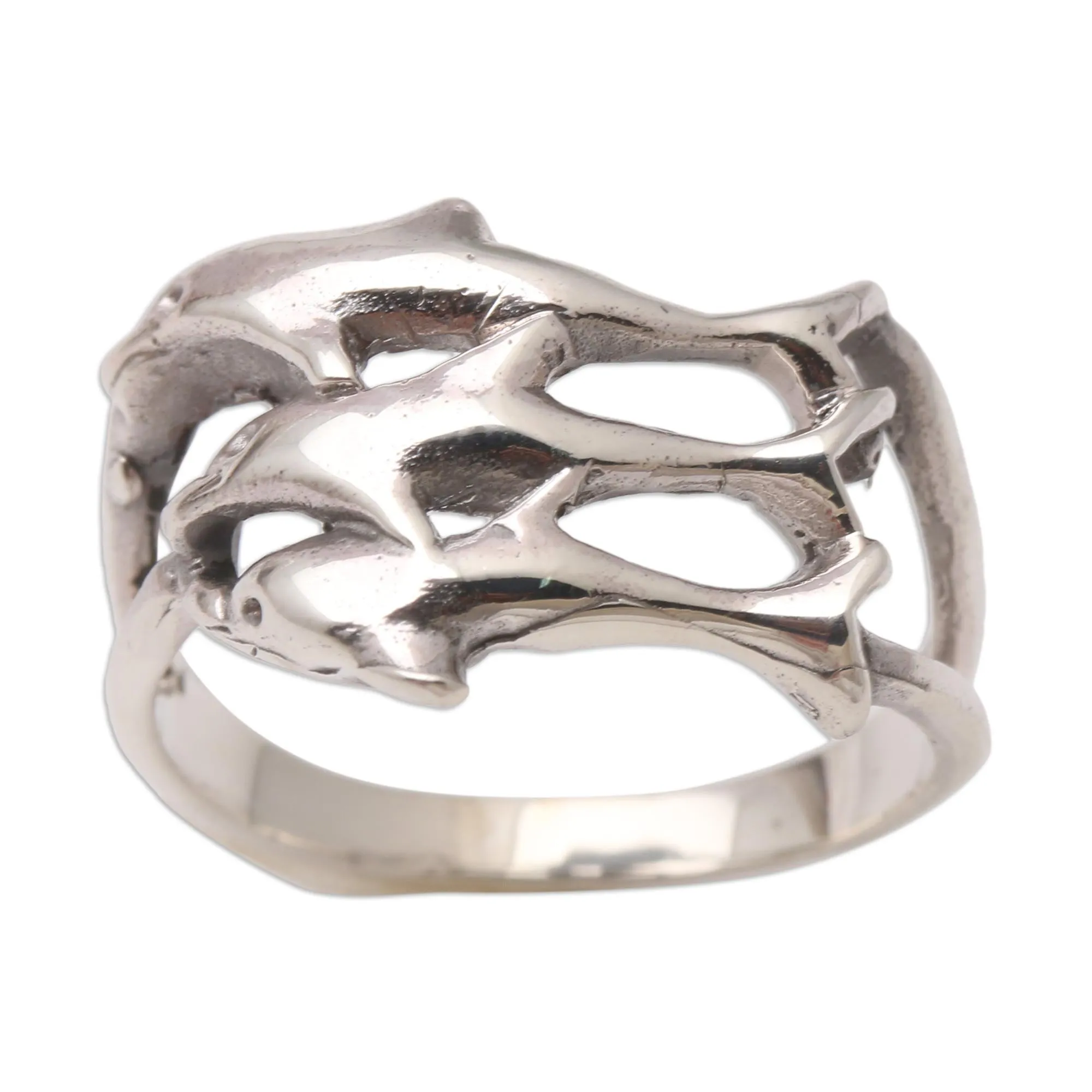 Sterling Silver Dolphin-Themed Cocktail Ring - Synchronized Swimmers | NOVICA