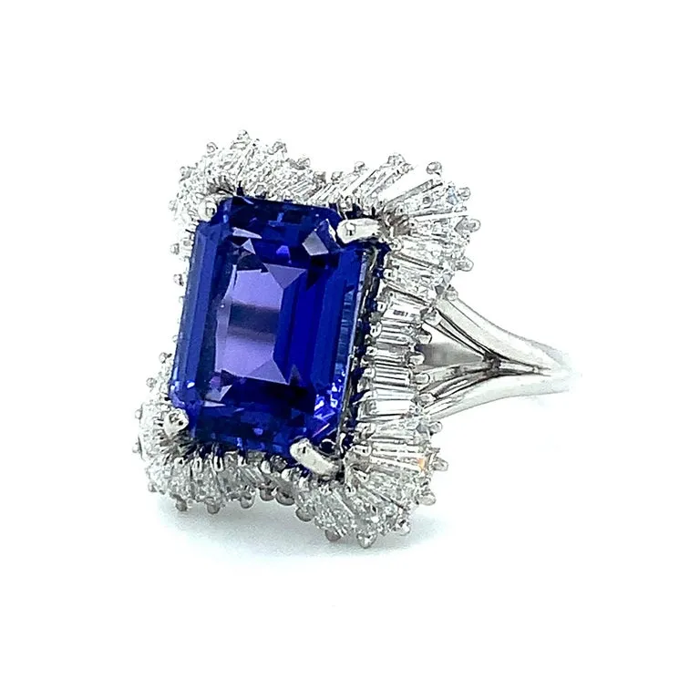 Tanzanite and Diamond Baguette Cocktail Ring in Platinum, 4.89 Carats