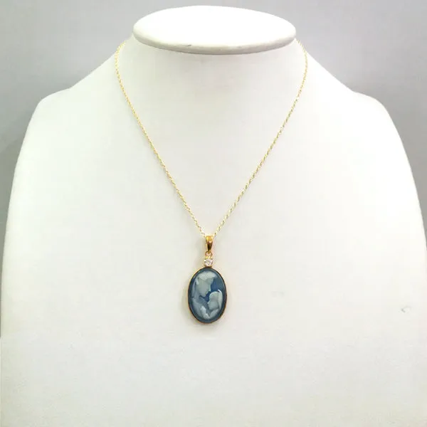 White Topaz with Bue Agate & White Agate Mother & Child Cameo Necklace